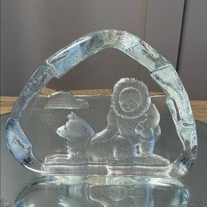 Nybro Sweden Crystal Inuit Man Dog And Igloo Art Glass Artist Signed Paperweight